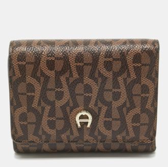 Aigner Dark Brown Monogram Coated Canvas Logo Trifold Wallet