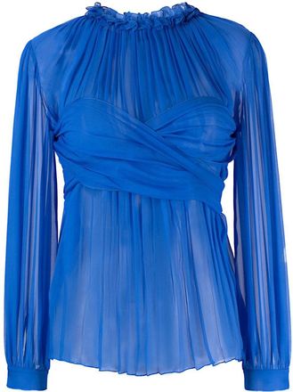 Alberta Ferretti ruched sheer ruffle-neck blouse - women - Silk/Polyamide - 42 - Blue