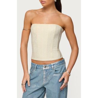 Edikted Vezza Rhinestone Strapless Corset Top in Cream at Nordstrom, Size X-Large