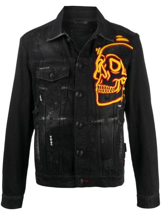 Philipp Plein outline skull denim jacket - men - Cotton/Cotton/Polyester - L - Black