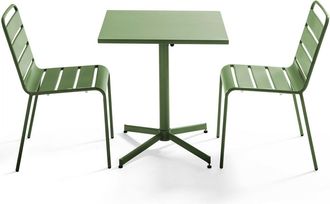Oviala Conjunto mesa de jard&iacute;n cuadrada y 2 sillas metal verde cactus