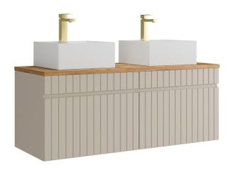 Vente-Unique Mueble de ba&ntilde;o suspendido estriado beige con lavabo sobre encimera cuadrado y grifo - 120 cm - SATARA