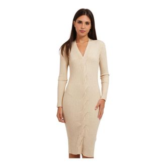 Gaud&igrave; Geribde Midi Jurk met Gevlochten Patroon - Dames - Kleedjes - Beige - L - Kleedjes
