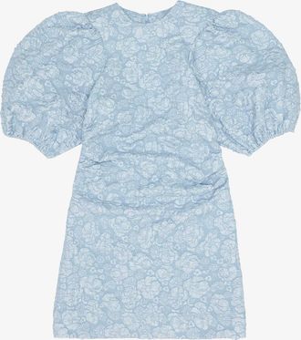 Ganni Stretch Jacquard Puff Sleeves Mini Dress - Size 8/10 Blue