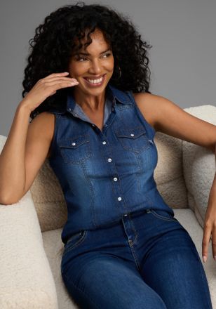 Arizona Jeansbluse ARIZONA, Damen, Gr. 38, blau (blau used), Jeans, Obermaterial: 100% Baumwolle, unifarben, Basic, sehr figurbetont, Rundhals, abgesteppte Ka