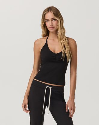 Vuori Clothing Halo Halter Ruched Top | Solid Black | XS, Size Extra Small