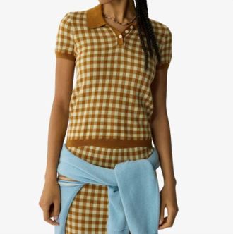 Guest In Residence Gingham Shrunken Polo Top In Suede/limewash