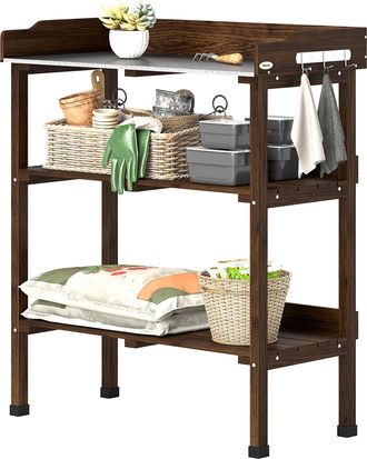 OEM Mesa De Jardiner&iacute;a De Madera Con Superficie Met&aacute;lica Estantes Y Ganchos Para Jard&iacute;n Terraza 76x37x89 Cm Carbonizado