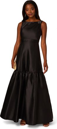 Adrianna Papell Womens Mikado Flounce Shirred Gown in Black - Size 10 UK