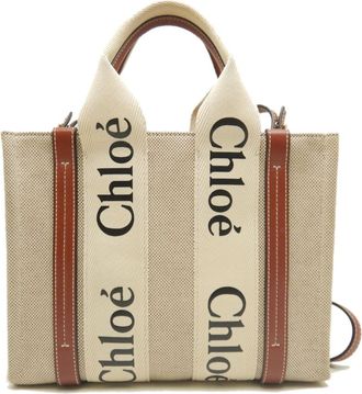 Chlo&eacute; Brown White Cotton Leather Tote Bag (Pre-Owned)
