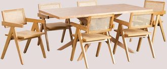 Sklum Sklum - Set De Mesa De Comedor Rectangular (180x90 Cm) Arnaiz Y 6 Sillas Con Reposabrazos En Madera De Fresno Y Rat&aacute;n Lali Style