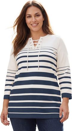 Jessica London Stretch Cotton Lace-Up Boatneck Tunic in Navy Border Stripe at Nordstrom, Size Medium