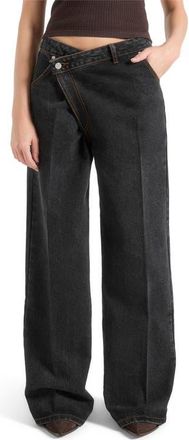 Mani&egrave;re De Voir Astrid Wrapover Denim Wide Leg Jeans in Black at Nordstrom, Size 10