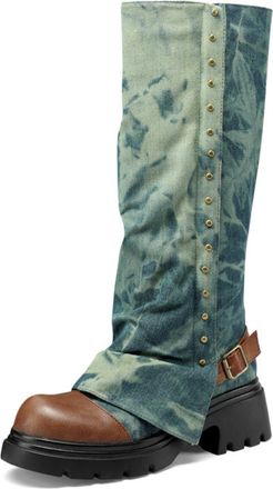 Generic Womens Tie-Dye Knee-High Boots Denim Fabric Chunky Platform Sole Metal Rivets Buckle Strap Comfortable Trendy Footwear For Street Style Daily,Green,6.