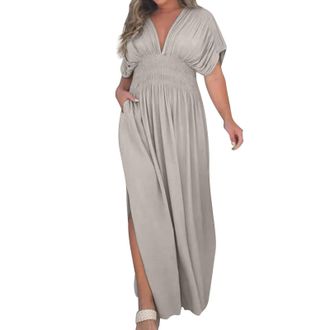 Generic Sexy Long Maxi Dress with Slit V-Neck for Women Effortless Long Maxi Dress with Slit Lightweight Dress Spring Dresses, gray, M