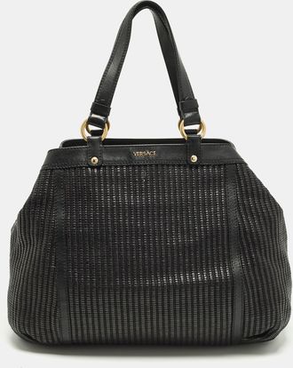 Versace Stripe Black Leather And Raffia Trim Tote