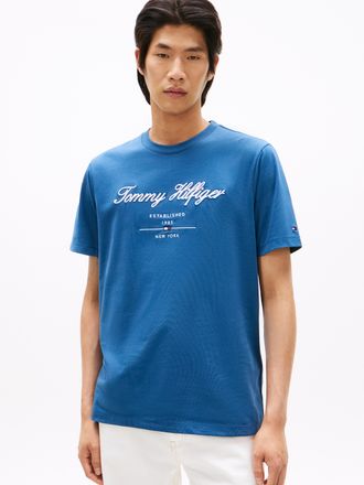 Tommy Hilfiger T-Shirt TOMMY HILFIGER SCRIPT LOGO TEE, Herren, Gr. XXL, blau (aegean sea), Single Jersey, Obermaterial: 100% Baumwolle, bestickt, regular fit h&uuml;ftlan