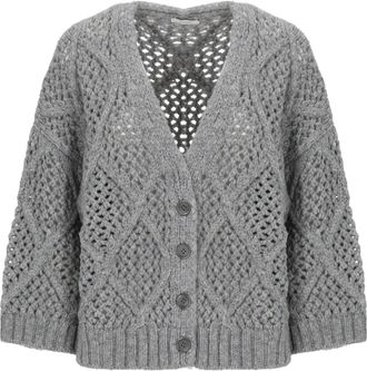 PESERICO Perforated Grey Wool Cardigan With Silver Bead Accents
