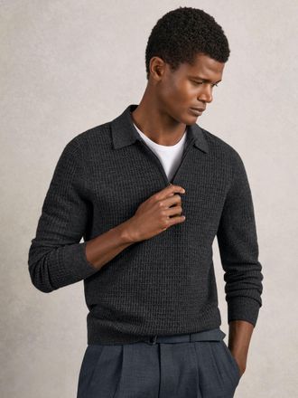 Reiss Charcoal Grey Wool Waffle-knit Half-zip Polo Shirt, Xxl