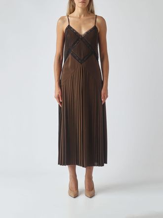 Twinset Pleated Satin Midi Slip Dress with Lace Inserts