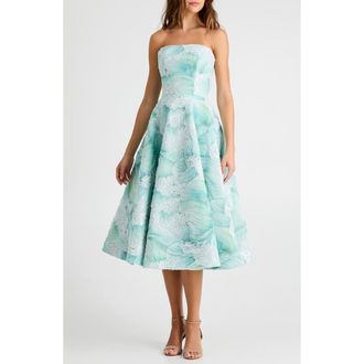 Helsi Vivi Bead Detail Print Strapless Cocktail Midi Dress in Seafoam at Nordstrom, Size X-Small