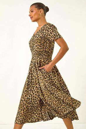 Roman Animal Print Shirred Midi Dress