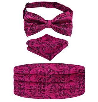 Alizeal Mens Classic Paisley Pre-tied Party Adjustable Bow Tie, Cummerbund and Pocket Square Set, Black+Hot Pink