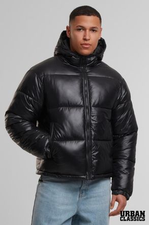 Urban Classics Mens Black Shiny Padded Puffer Hooded Zip Jacket - Size X-Large