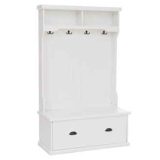 Hhg Aparador Hhg-671, Aparador De Pasillo De Madera Con Banco, 4 Ganchos, Compartimento De Almacenamiento Y Estante De Melamina, 163 X 100 X 47 Cm, Blanco
