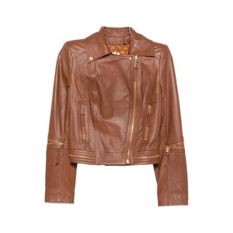 Elisabetta Franchi Zipped Biker Jacket - Dames - Leren en Su&egrave;de Jassen - Bruin - S - Leer - Jassen
