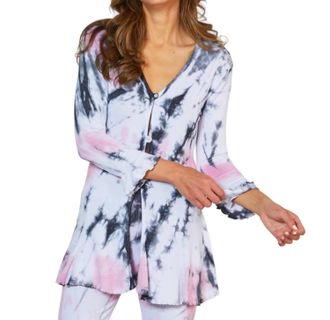 French Kyss Marble Wash Long Button Cardigan In Pink