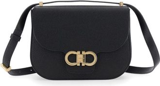 Ferragamo Black Crossbody Bag With Double Gancini Plaque On The Front In Grained Leather Woman