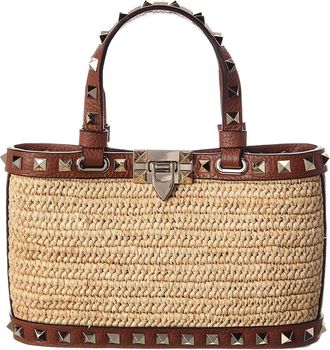 Valentino Rockstud Mini Straw & Leather Tote