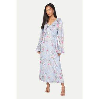 Wallis Floral Ruffle Belted Midaxi Dress in Blue at Nordstrom, Size 10