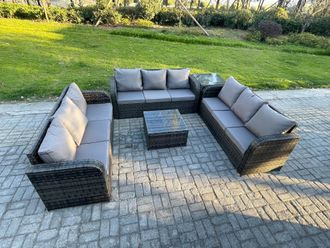Fimous Patio Garden Furniture Sets Wicker 9 Seater Outdoor Rattan Furniture Sofa Sets with Square Coffee Table Side Table in Dark Grey