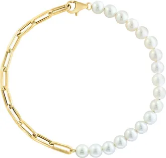 Effy 14K Yellow Gold Asymmetrical Paperclip Link & Freshwater Pearl Bracelet in 14K Gold at Nordstrom, Size 7