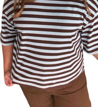 Entro Vanilla Kisses Striped Ribbed Short Sleeve Top In Brown & Blue
