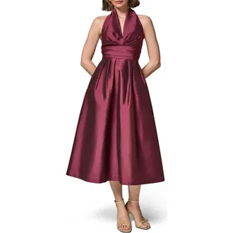 DKNY Plunge Neck Taffeta Midi Dress in Berry at Nordstrom, Size 16