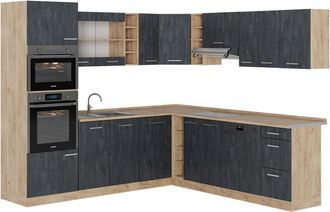 Vicco Cocina Esquinera R-line, Hormig&oacute;n Negro/roble Dorado, 237 X 247 Cm Sin Encimera