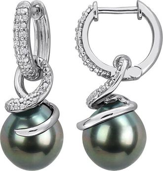 Rina Limor Silver 0.10 Ct. Tw. Diamond & 9-10Mm Pearl Hoop Earrings