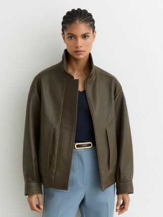 Reiss Khaki Green Petite Oversize Grained-leather Bomber Jacket, 14