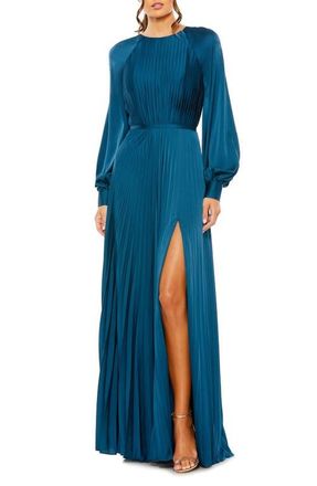 Mac Duggal Pleated High Neck Raglan Long Sleeve Side Slit Gown in Peacock at Nordstrom, Size 14