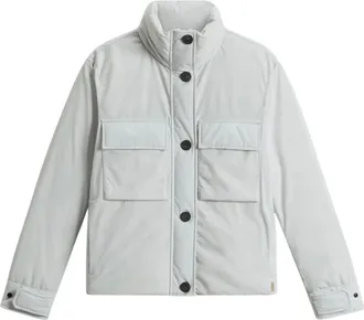 Woolrich Jassen, Dames, Grijs, L, Cloud Jas met opstaande kraag en opvouwbare capuchon