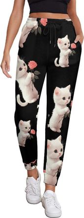 Generic Cute Kitten Cat Holding A Rose Womens Sweatpants Jogger Yoga Long Pants Lounge Trousers with Pockets