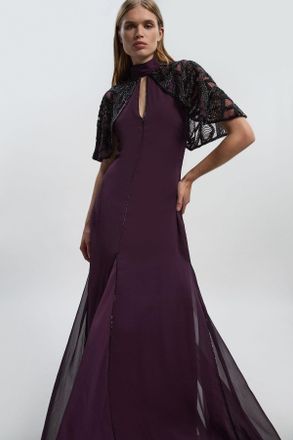 Karen Millen Womens Petite Crystal Embellished Cutwork Cape Detail Woven Maxi Dress - Purple - Size 16 UK