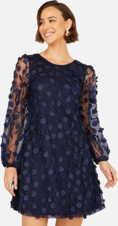 Yumi Long Sleeve Floral Applique Tunic Dress in Navy at Nordstrom, Size 12