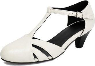 Generic Womens Fashion T-Strap Buckle Mary Jane Pumps Shoes Hollow Out Closed Toe Cone Heels Casual Dress Sandals (7.5,Beige)