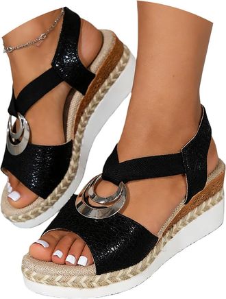 Generic Ladies Sandals Wedge Sandals for Women Espadrilles Orthopedic Platform Wedge Summer Shoes with Arch Support for Women Open Toe Ankle Strap Wide Fit Be