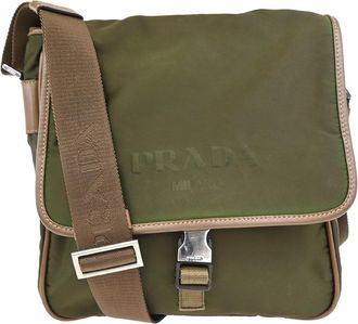 Prada Logo Buckle Messenger Nylon Khaki Nylon Handbag (Pre-Owned)