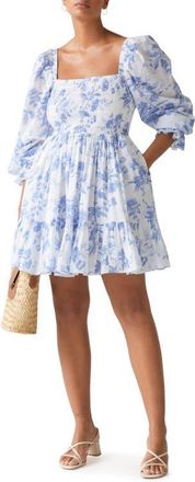 & Other Stories Smocked Tiered Long Sleeve Cotton Dress in White W. Blue Toile Aop at Nordstrom, Size 6